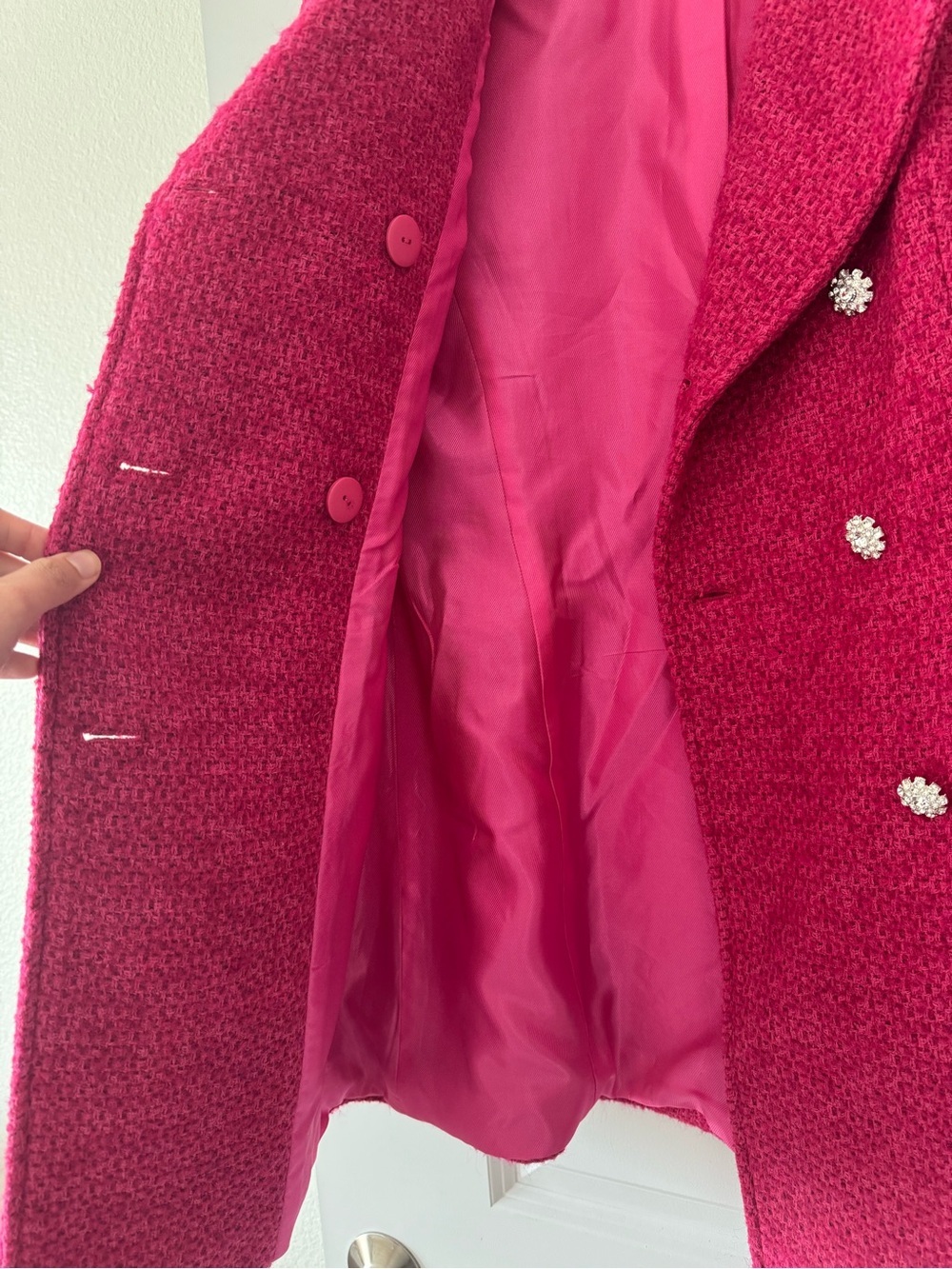 ZARA Pink Textured Tweed Double-Breasted Coat Size L - Picture 3 of 5